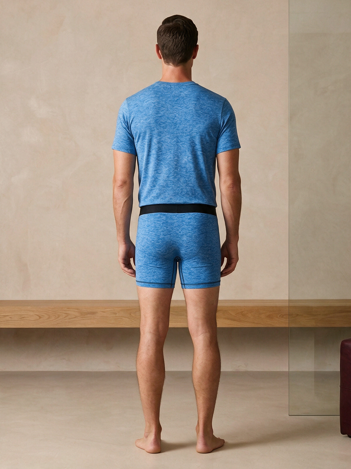 Man in True Notions Azure Tee & Boxer Brief Signature Set, rear view