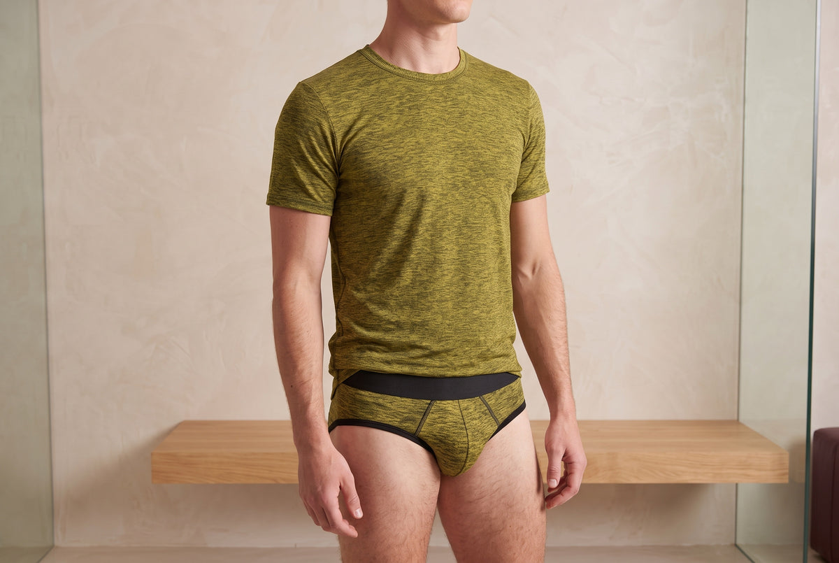Detail of True Notions Canary Tee & Brief Signature Set, worn by the model