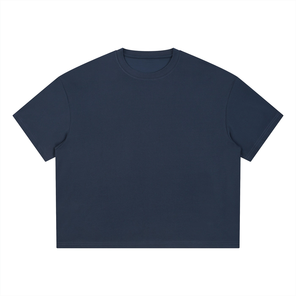Marcel Afters Boxy Coolmax T-Shirt in Navy Blue, laid flat, plain white background