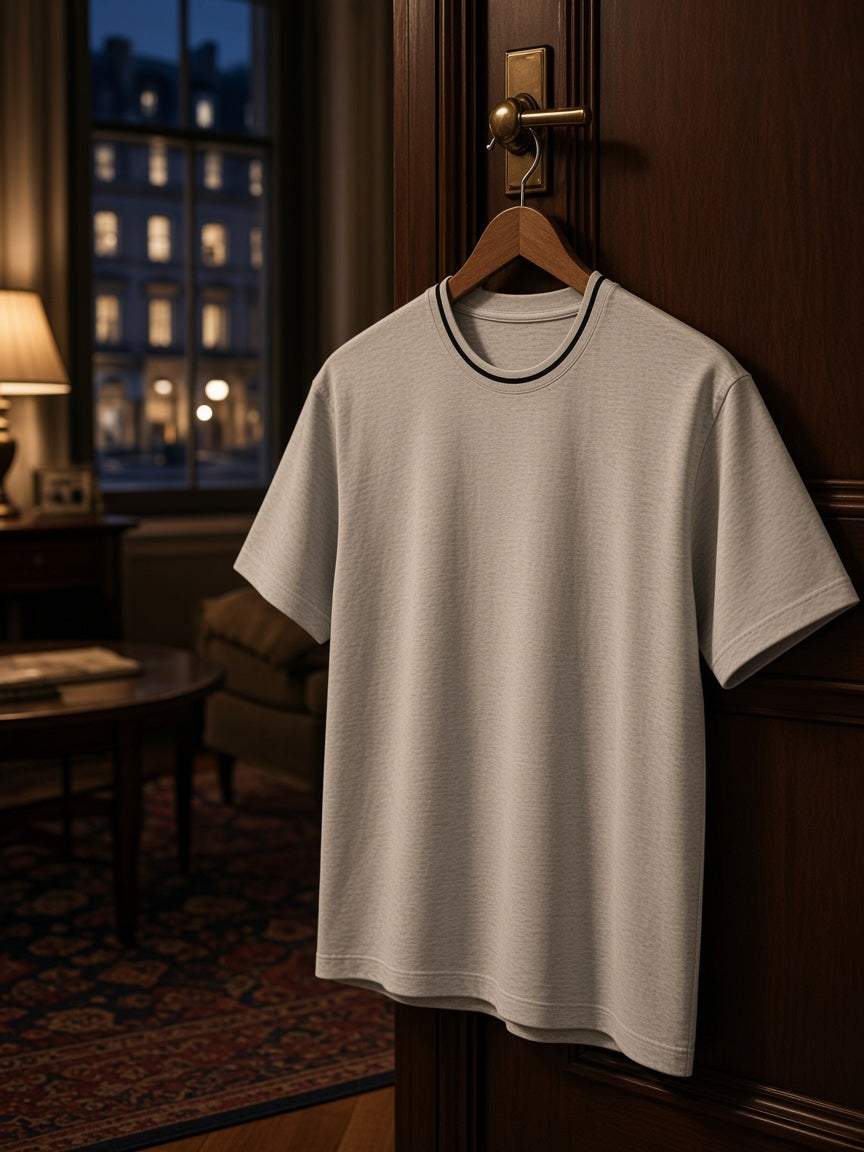 Marcel Afters Boxy Ribbed T-Shirt in Flower Gray, laid flat, wood-paneled room
