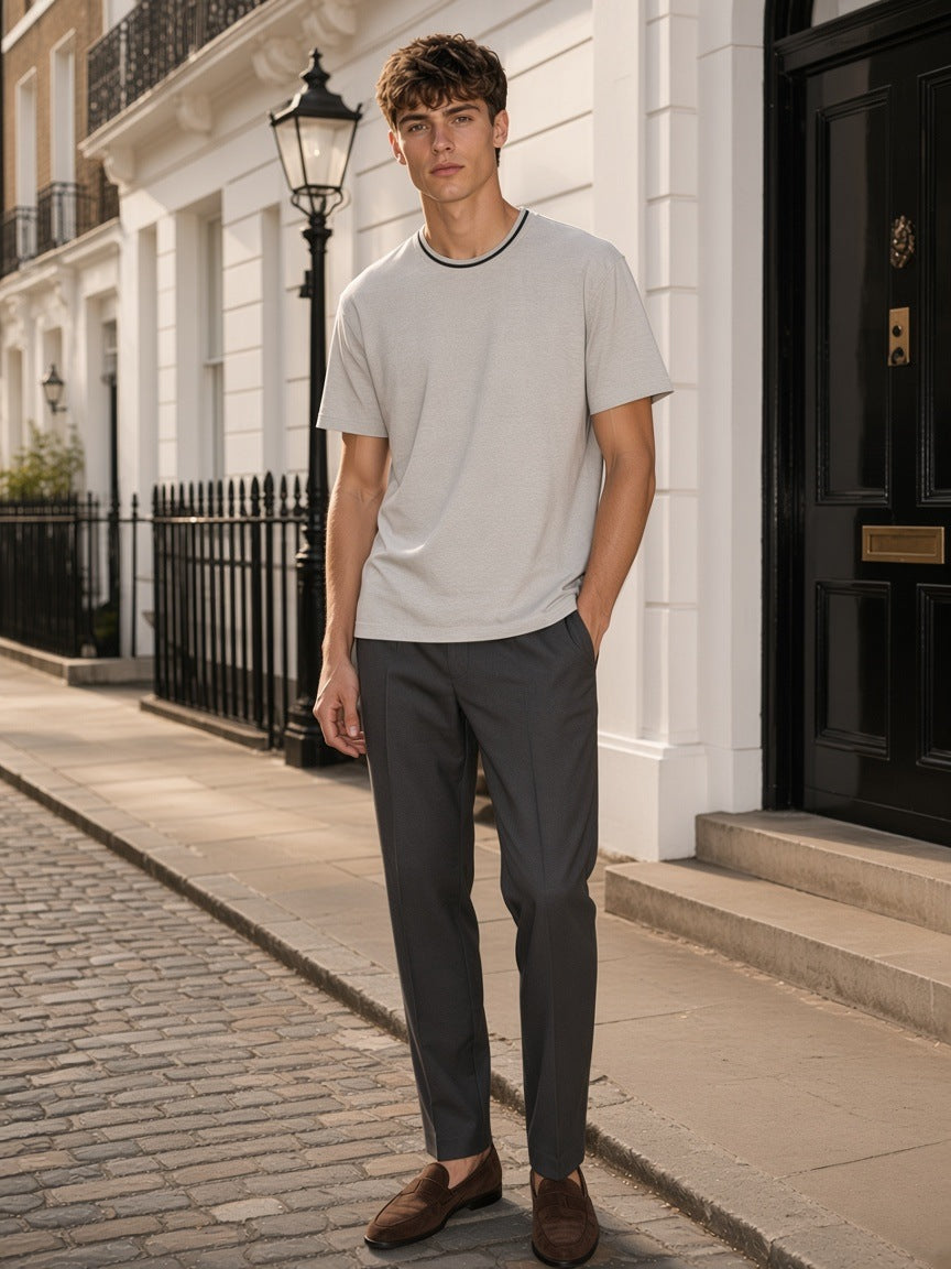 Marcel Afters Boxy Ribbed T-Shirt in Gray, worn by a man, street