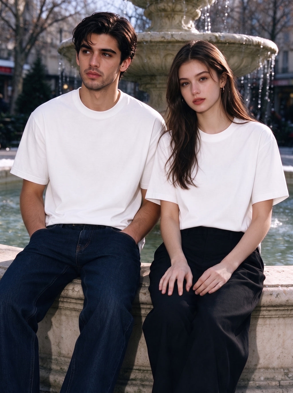 Woman wearing the Marcel Afters Heavyweight Boxy T-Shirt, Light Tones in White, full-length editorial photograph