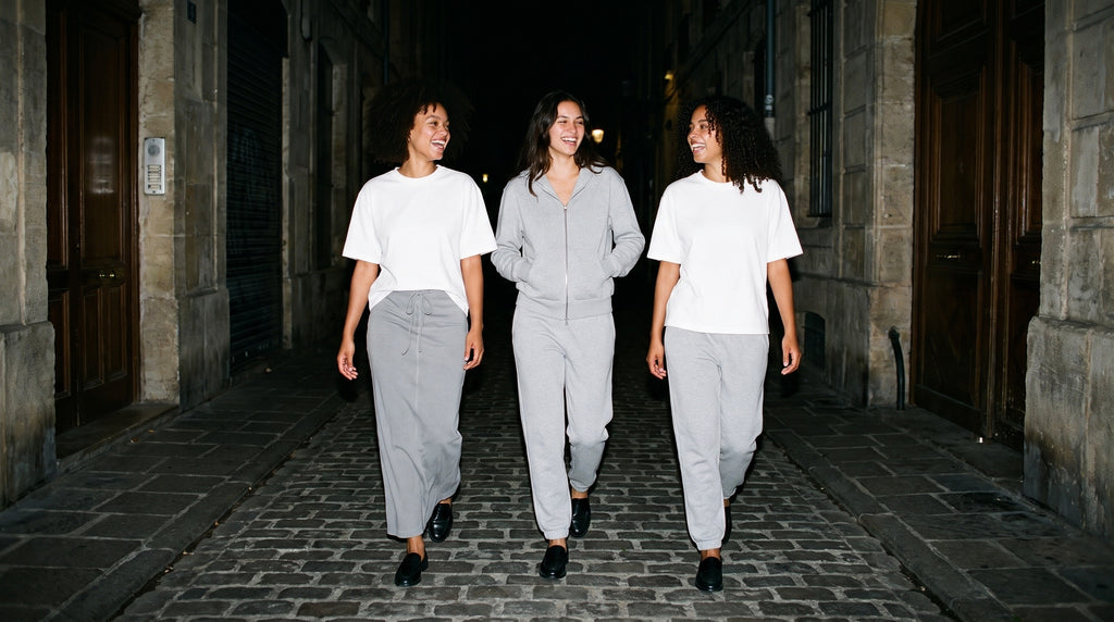 Friends together, one wearing the Marcel Afters Heavyweight Boxy T-Shirt, Light Tones in White