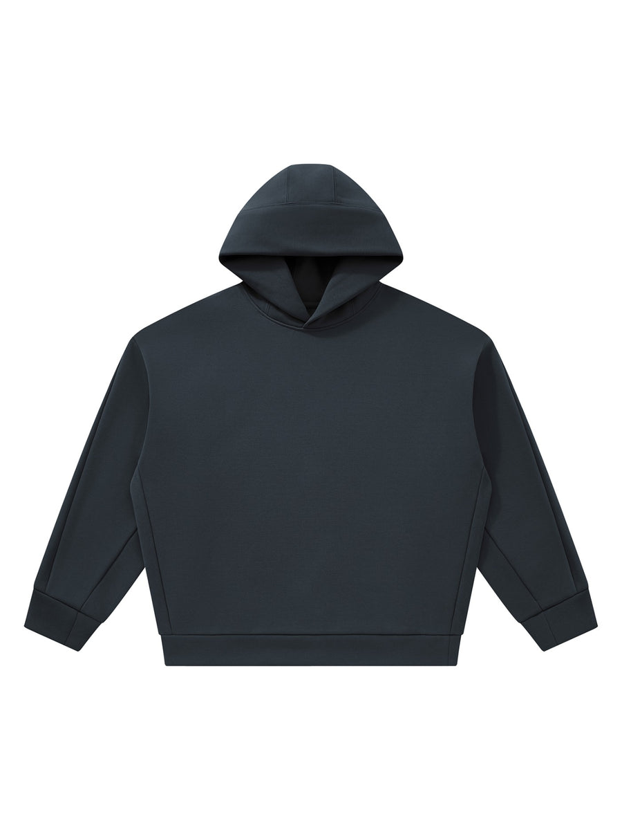 Marcel Afters Heavyweight Fleece Boxy Hoodie in Black, laid flat