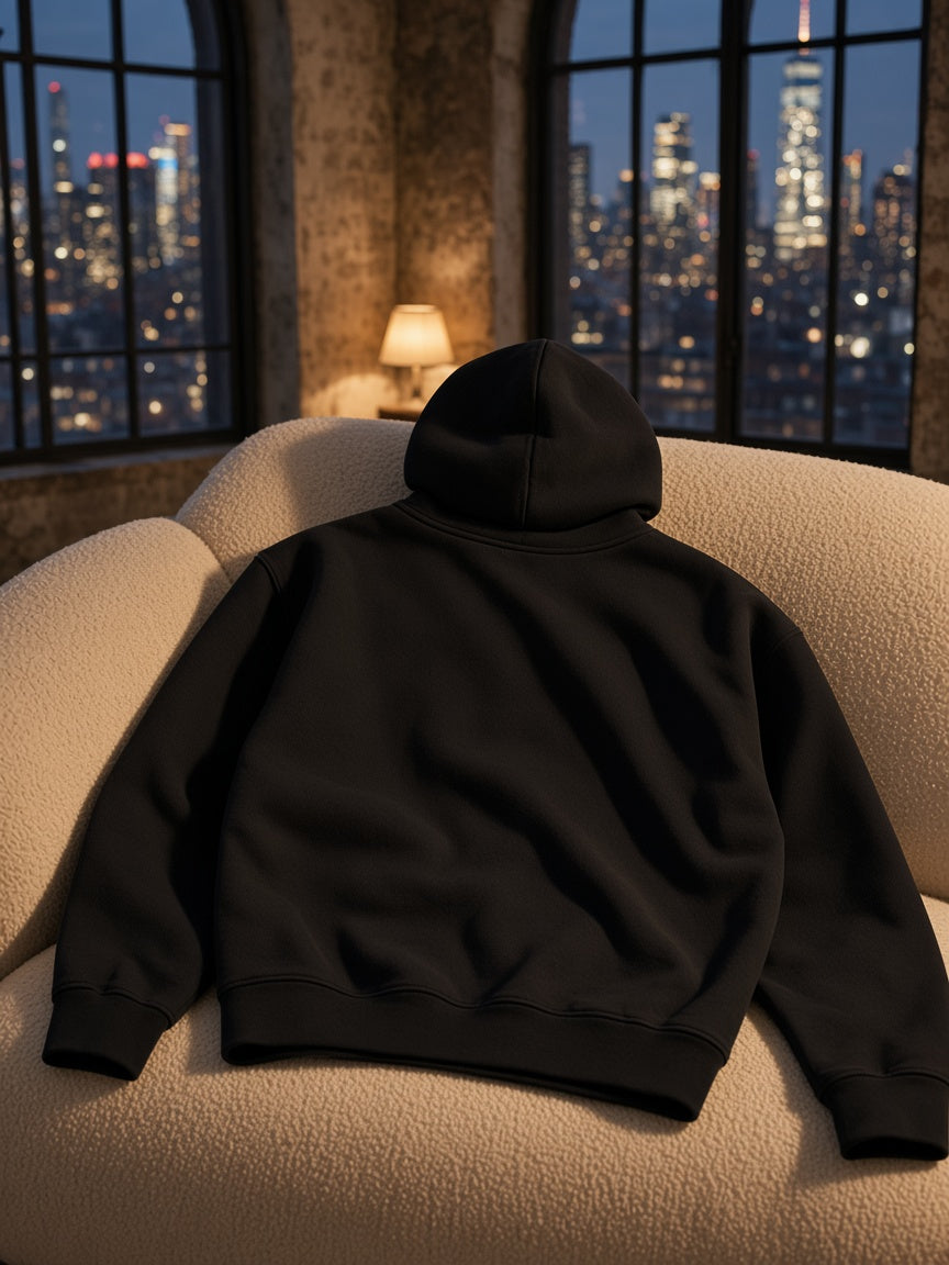 Marcel Afters Heavyweight Full Zip Boxy Hoodie in Black, laid flat, city