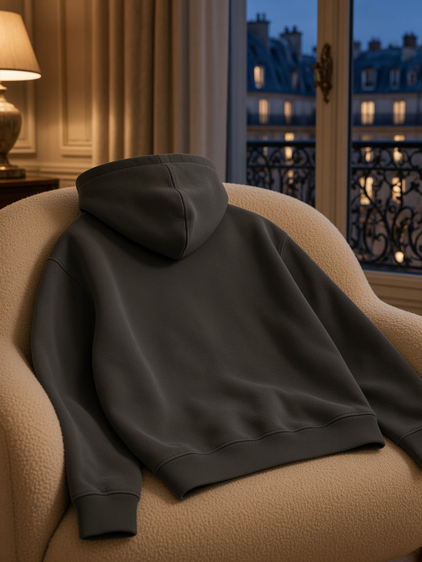 Marcel Afters Heavyweight Full Zip Boxy Hoodie in Black, laid flat, living room