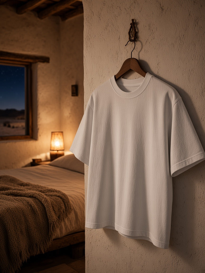 Marcel Afters Heavyweight Mineral Wash Boxy T-Shirt in White, on a hanger, bedroom