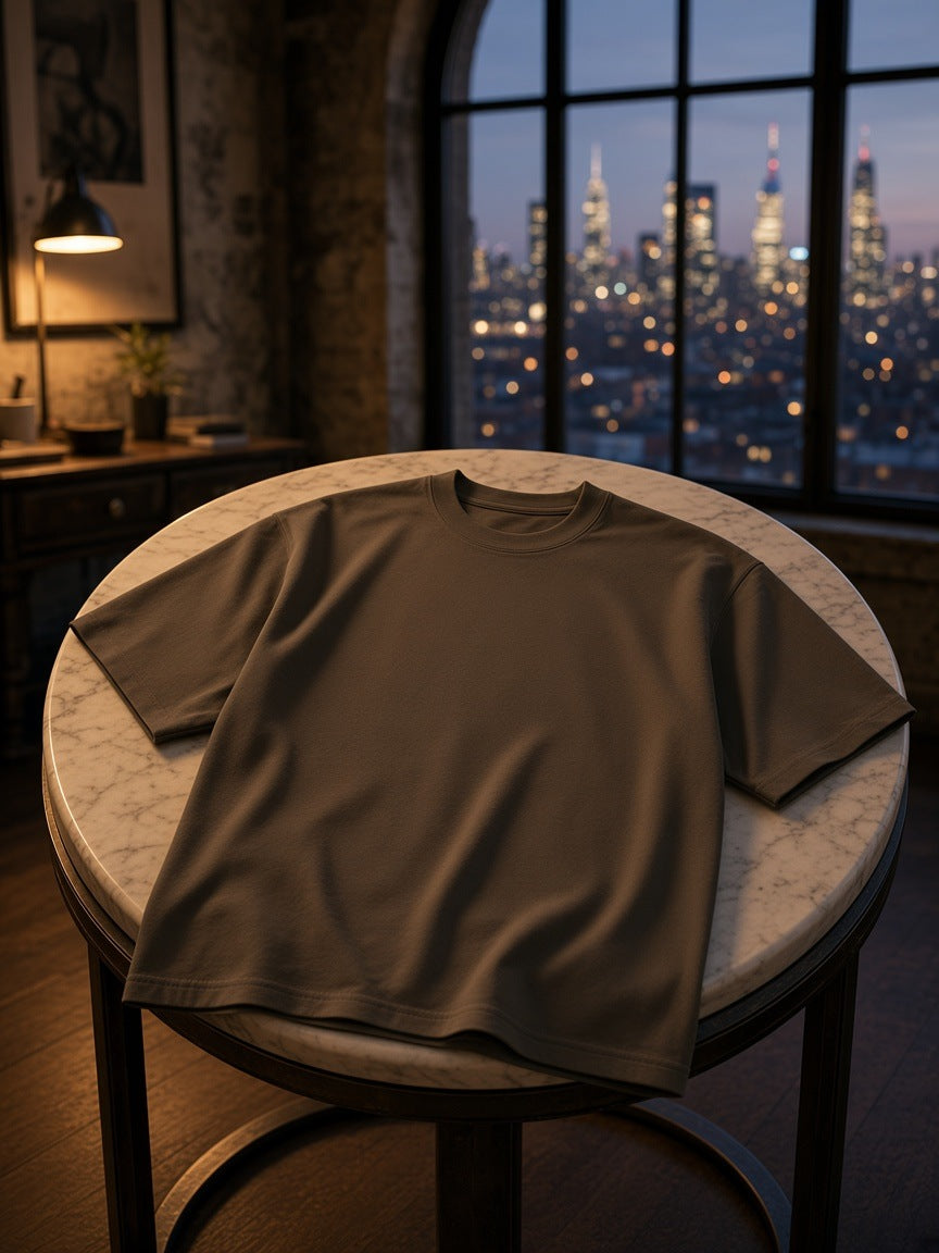 Marcel Afters Heavyweight Oversized T-Shirt in Blackish Green, laid flat, city at dusk