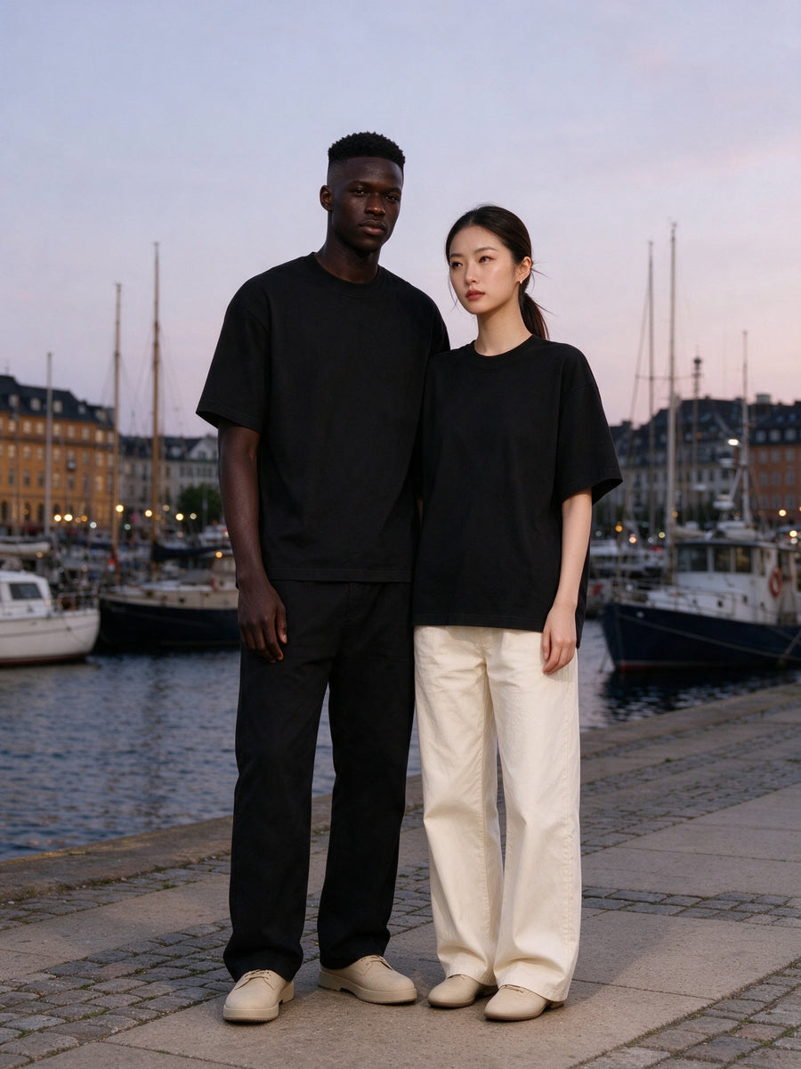 Marcel Afters Heavyweight Oversized T-Shirt in Black, worn by a man and a woman, standing together on a Copenhagen harbour quay at dusk in black heavyweight oversized tees