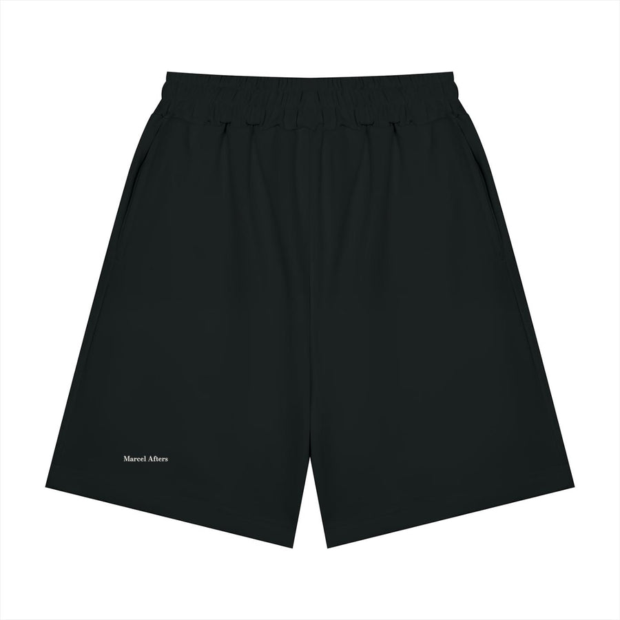 A black Marcel Afters Heavyweight Short displayed laid flat against a neutral background.