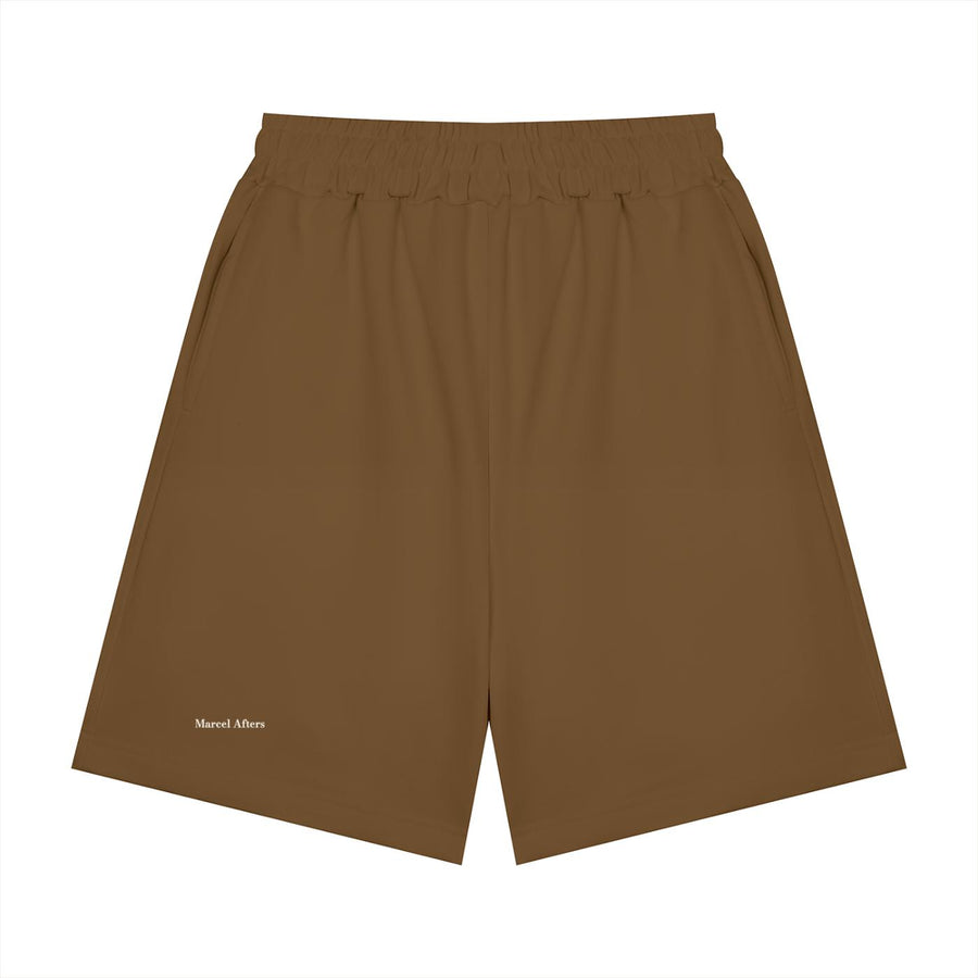 Laid-flat photograph shows Marcel Afters heavy dark coffee color cotton shorts for men.