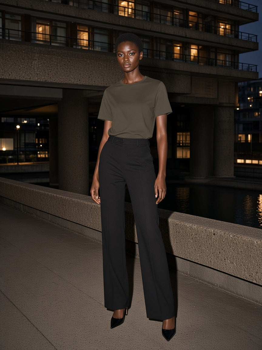 Marcel Afters Lightweight Crewneck T-Shirt in Brown, worn by a woman, against a plain white background