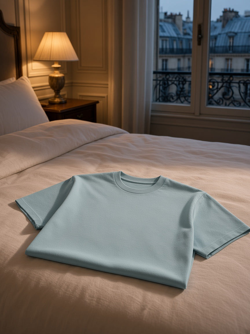 Marcel Afters Lightweight Oversized T-Shirt in Haze Blue, laid flat, hotel room