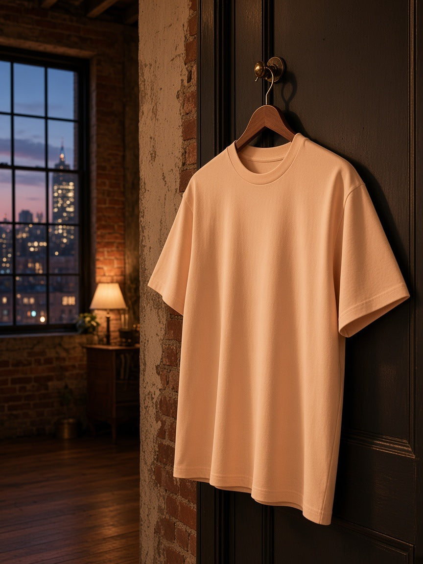 Marcel Afters Lightweight Oversized T-Shirt in Apricot, on a hanger, industrial loft