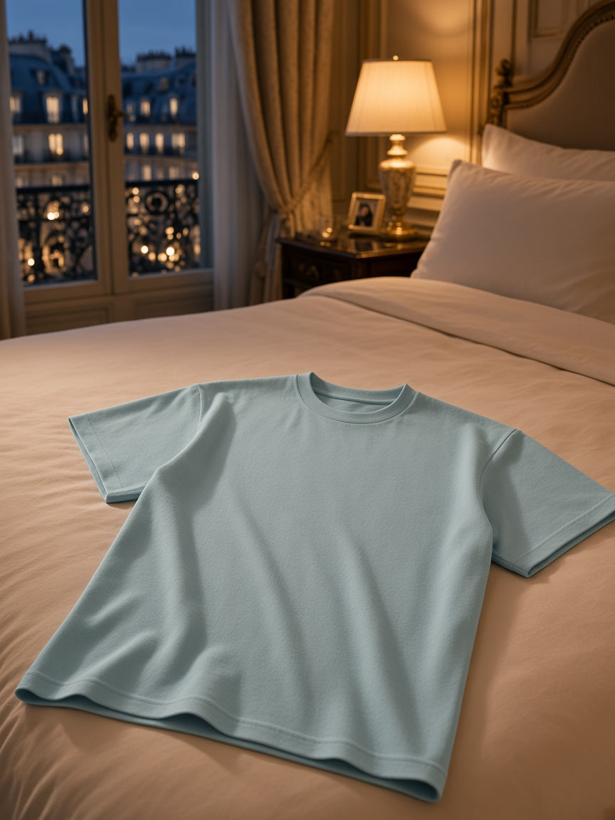 Marcel Afters Lightweight Oversized T-Shirt in Haze Blue, laid flat, bedroom