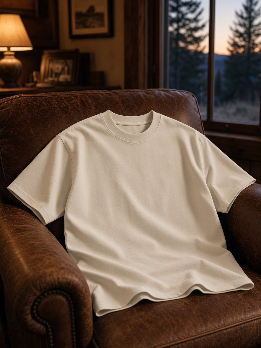 Marcel Afters Loose Drop Shoulder T-Shirt in Pale Khaki, laid flat, leather armchair
