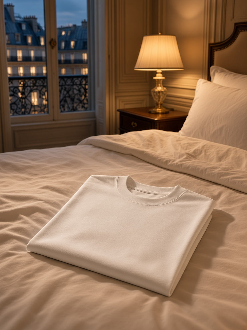 Marcel Afters Loose Drop Shoulder T-Shirt in White, laid flat, bedroom