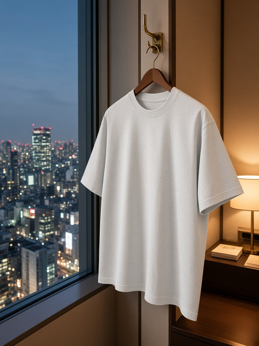 Marcel Afters Loose Drop Shoulder T-Shirt in White, on a hanger, city at dusk