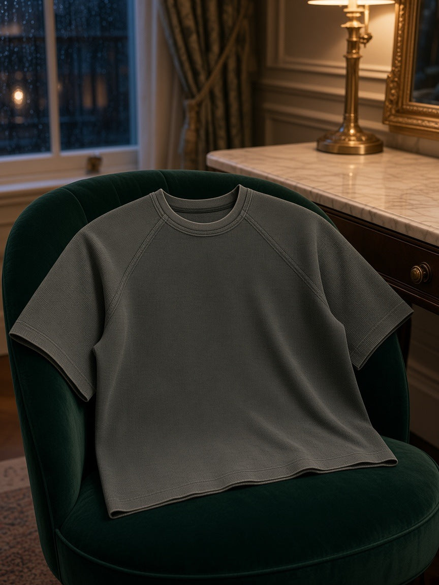 Marcel Afters Mineral Wash Boxy Waffle T-Shirt in Gray, laid flat, dark room