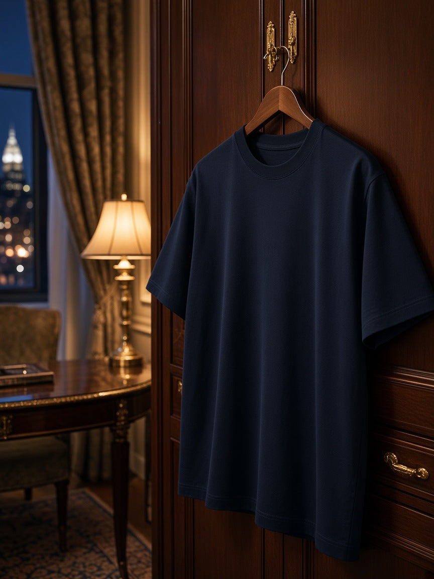 Marcel Afters Oversized T-Shirt in Navy Blue, on a hanger, wood-paneled room