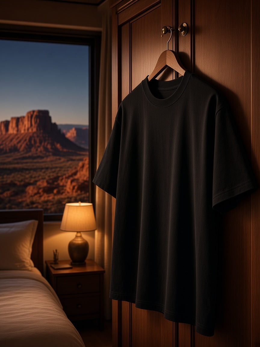Marcel Afters Oversized T-Shirt in Black, on a hanger, bedroom