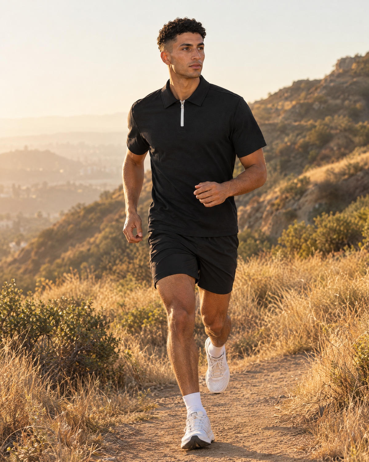 Quarter-Zip Polo Shirt — Dark, worn by the model in motion