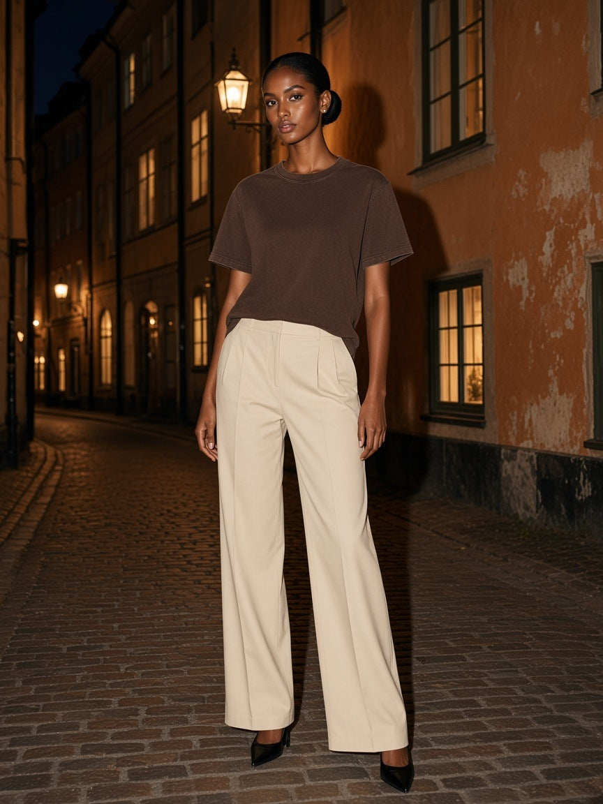 Marcel Afters Vintage Wash Boxy T-Shirt, 230 gsm in Brown, worn by a woman, street