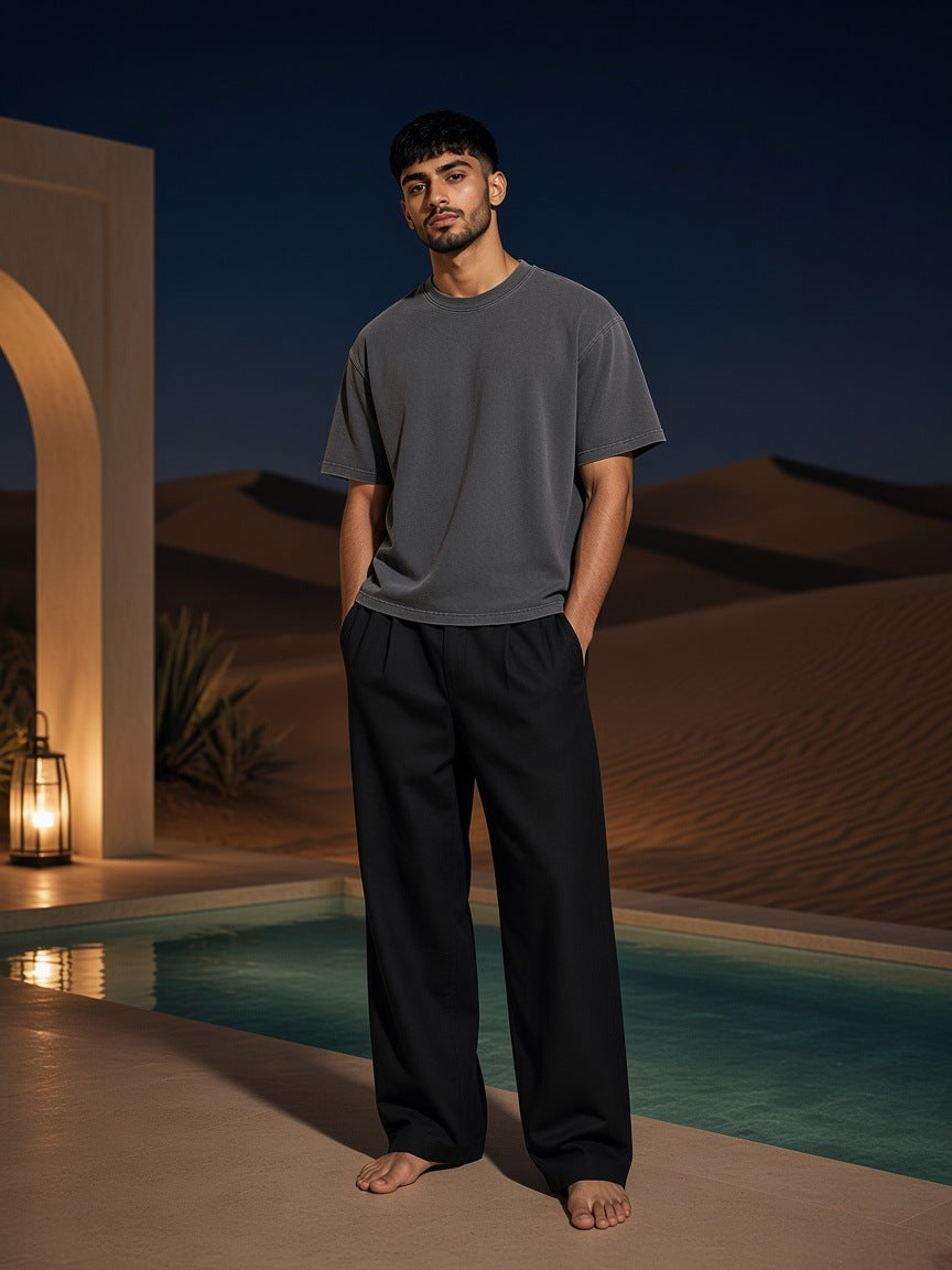 Marcel Afters Vintage Wash Boxy T-Shirt, 260 gsm in Charcoal Gray, worn by a man, desert