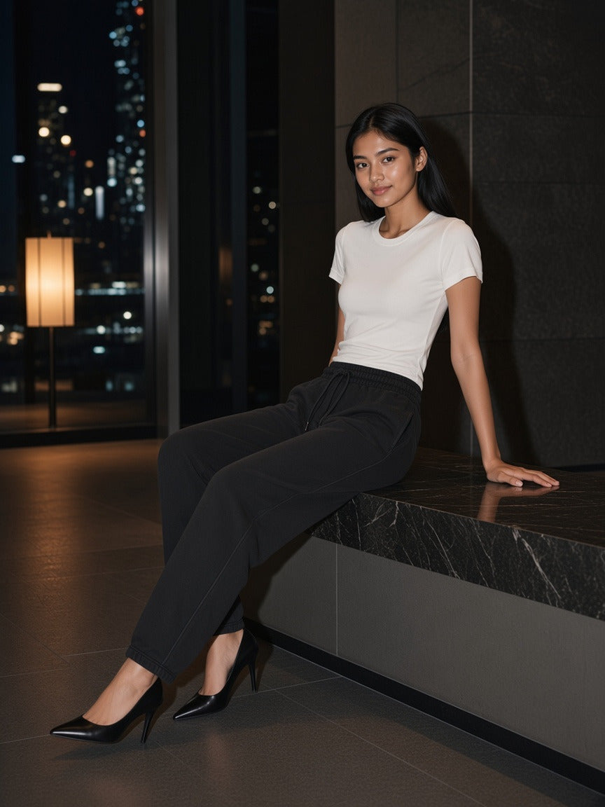 Model wearing the Vintage Wash Barrel Leg Fleece Sweatpants in Black, full-length model photo