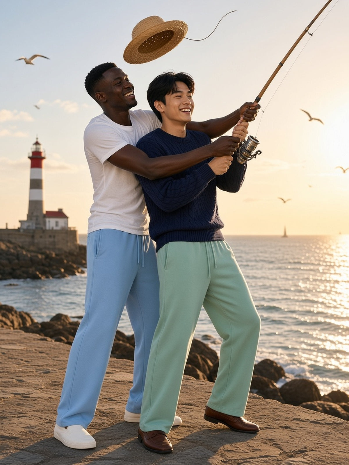 Two men in the Vintage Wash Barrel Leg Fleece Sweatpants in Light Blue and Mint Green, reeling in a flying straw hat by a Brittany lighthouse