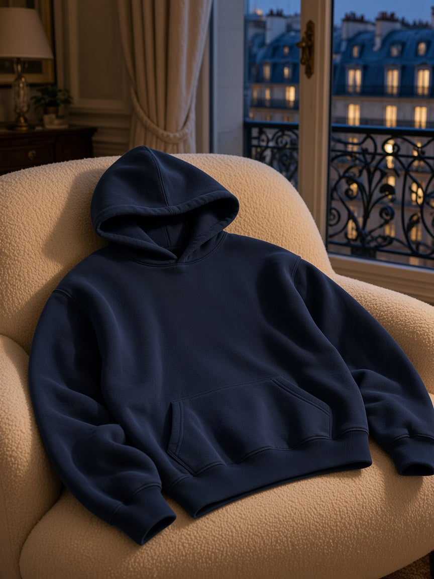 Marcel Afters Vintage Wash Boxy Fleece Hoodie in Navy Blue, laid flat, living room