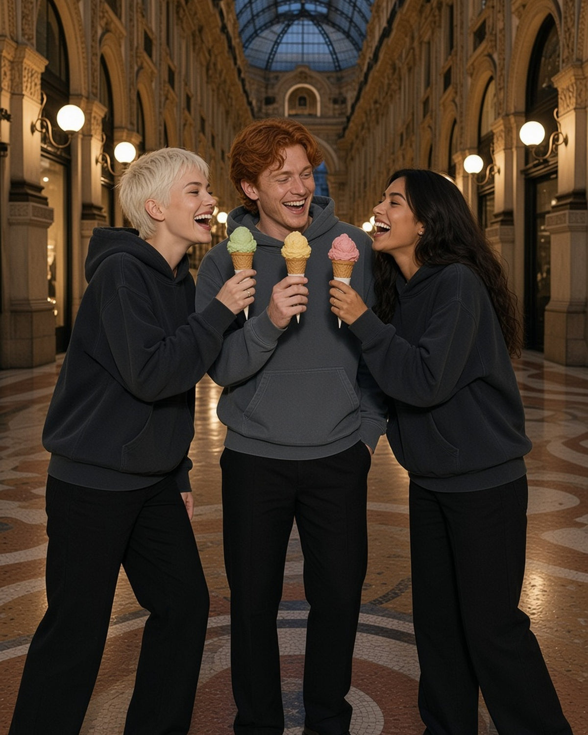 Three people in the Vintage Wash Boxy Hoodie in Black and Dark Gray sharing gelato in a Milan arcade at night