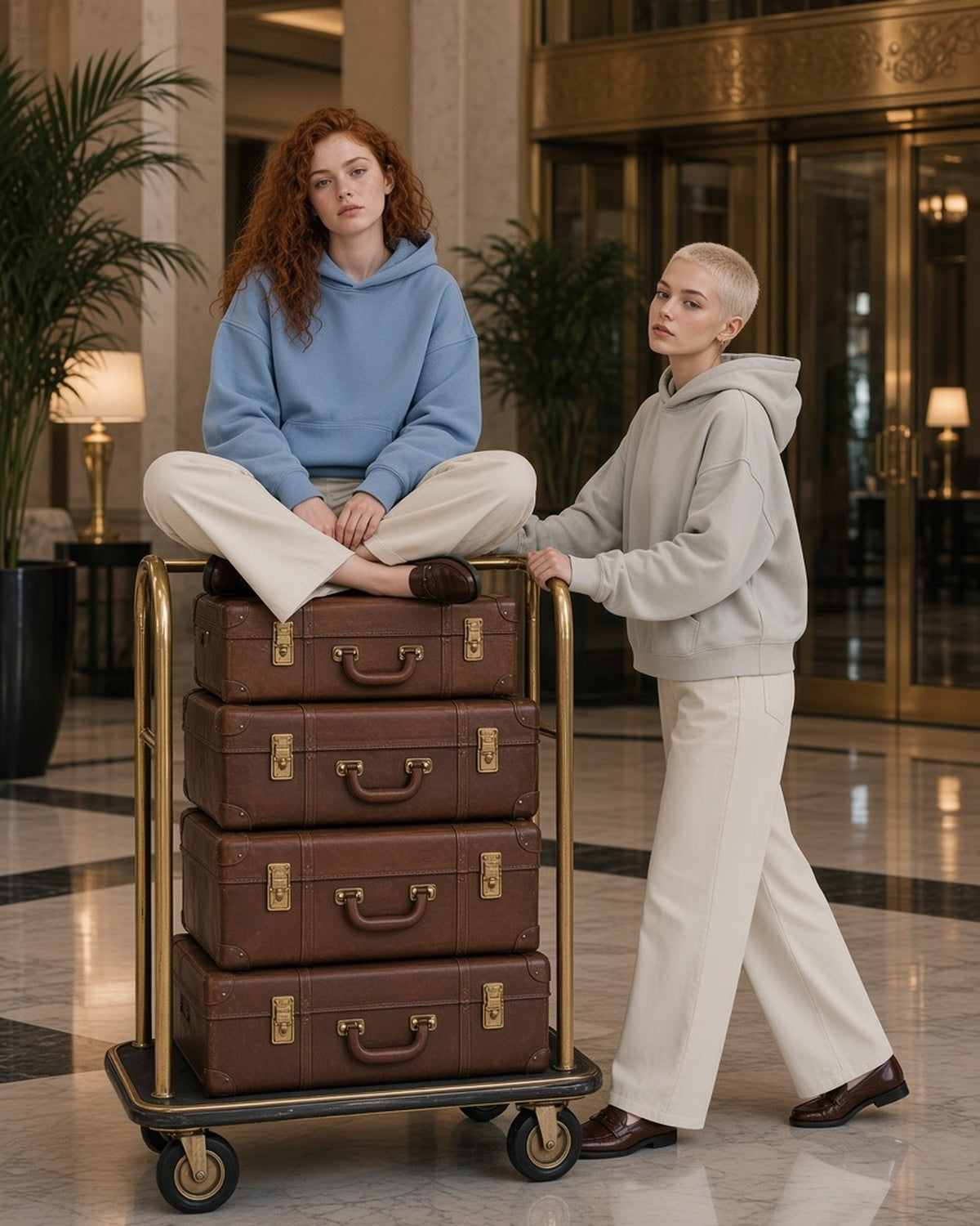 Two women in the Vintage Wash Boxy Hoodie in Jeans Blue and Light Gray with a brass luggage trolley in a grand-hotel lobby