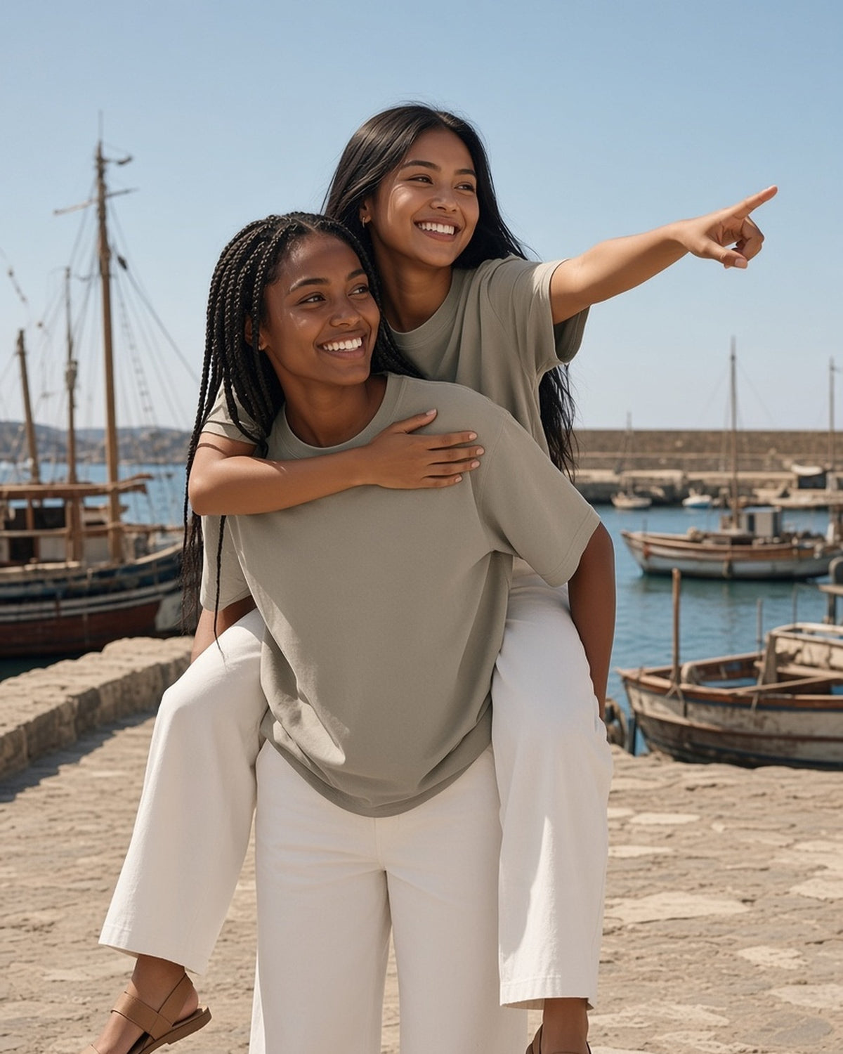 Two women in the Vintage Wash Boxy T-Shirt, 230 gsm in Light Coffee, one riding piggyback on a harbour jetty