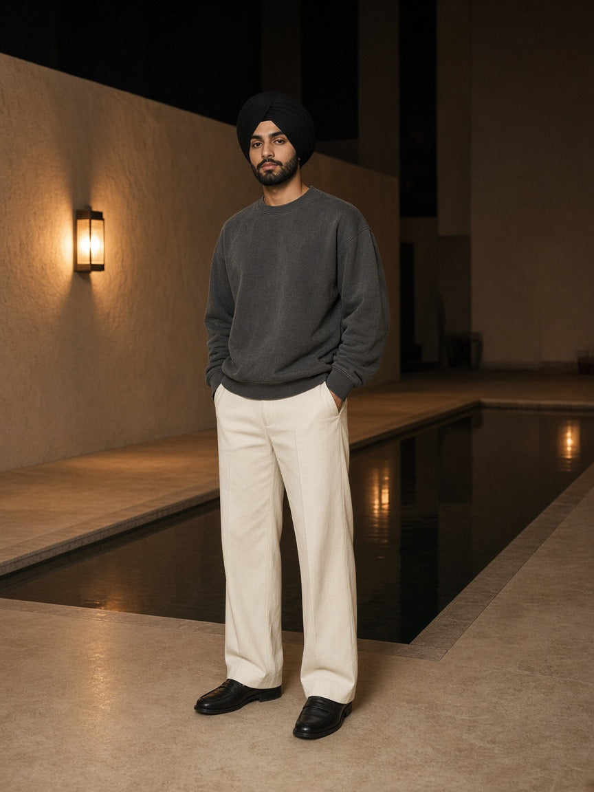 Model wearing the Vintage Wash Crewneck Sweatshirt in Dark Gray, full-length model photo