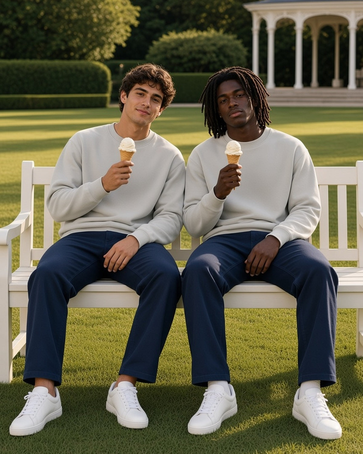 Two men in the Vintage Wash Crewneck Sweatshirt in Light Gray sharing ice creams on a club-lawn bench
