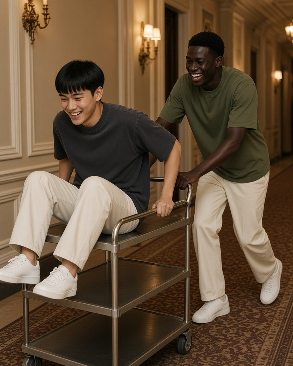 Two men in the Vintage Wash Drop Shoulder T-shirt in Black and Army Green racing a room-service trolley down a grand-hotel corridor