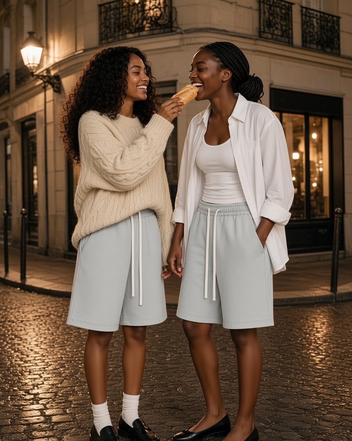 Two women in the Vintage Wash Fleece Shorts in Light Gray, sharing a baguette on a Paris street at night