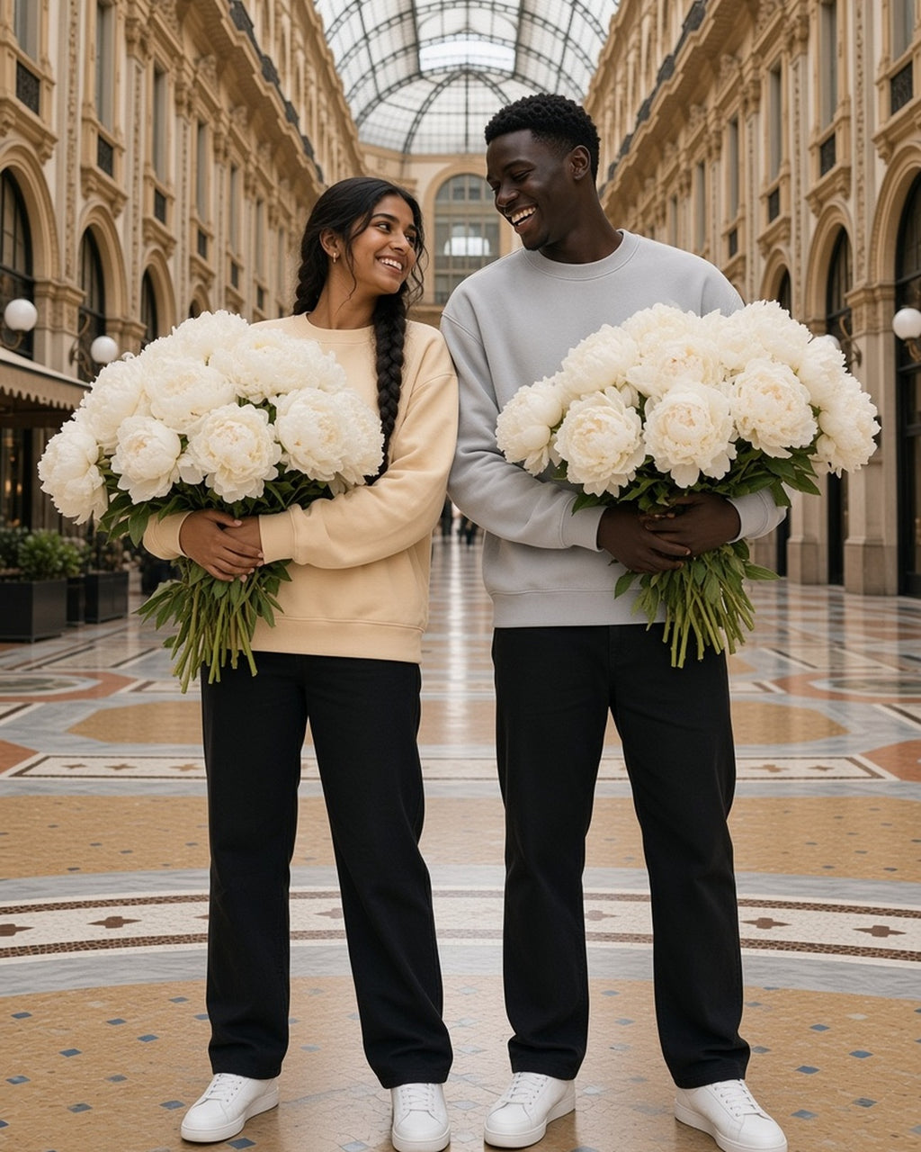 Two people in the Vintage Wash Fleece Sweatshirt in Light Apricot and Light Gray carrying white peonies through a Milan arcade