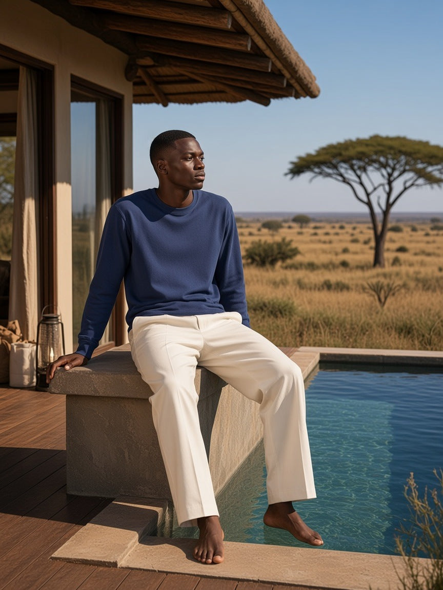 Marcel Afters Vintage Wash Long Sleeve Boxy T-Shirt in Navy Blue, worn by a man, safari