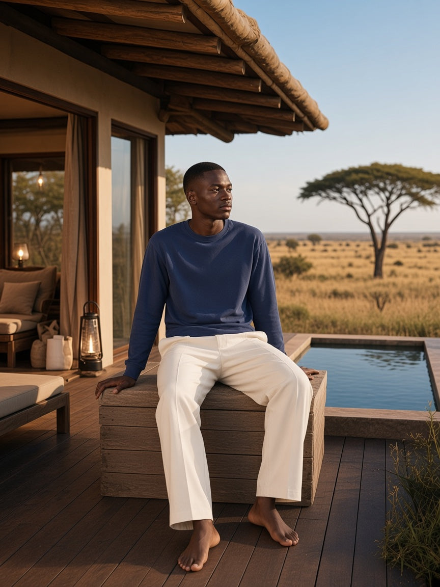 Marcel Afters Vintage Wash Long Sleeve Boxy T-Shirt in Navy Blue, worn by a man, outdoors