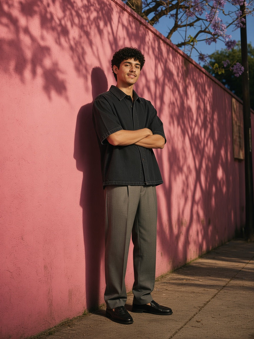 Man wearing the Vintage Wash Lyocell Shirt in Black, full-length model photo