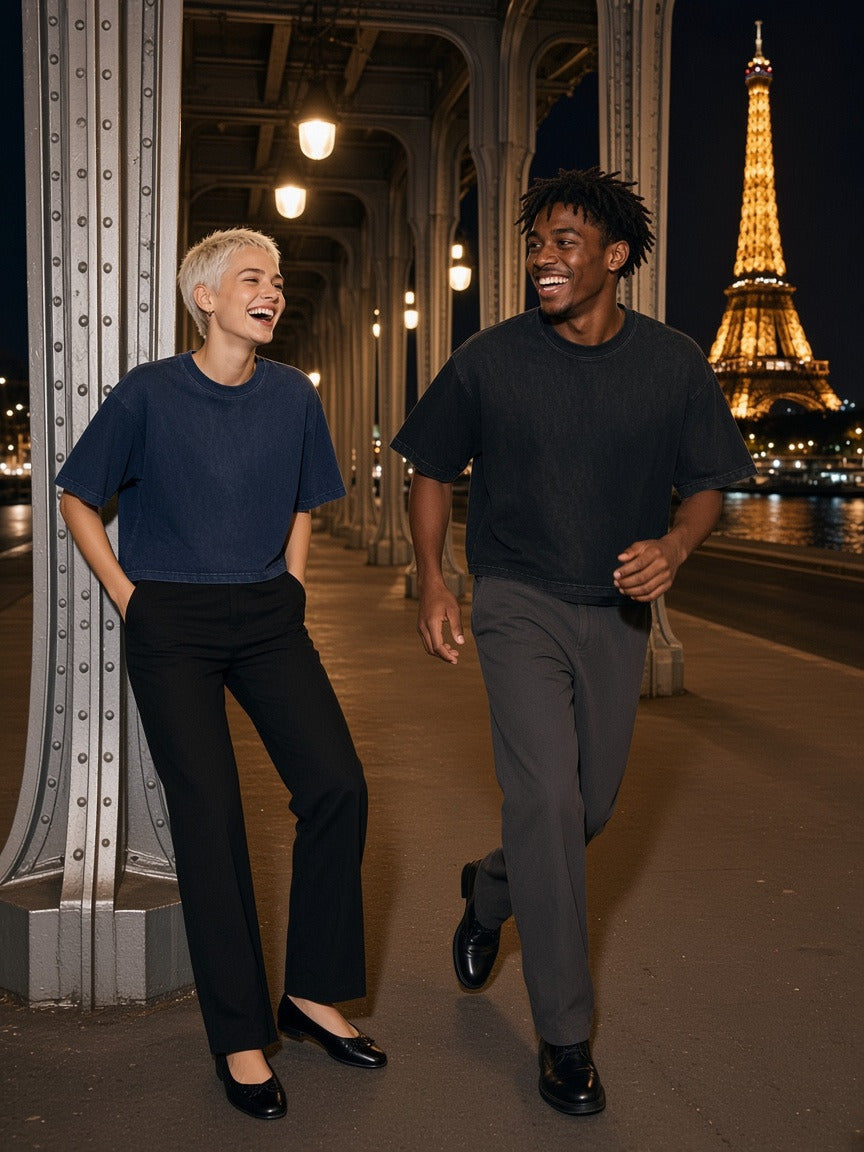 Two people wearing the Vintage Wash Sunfade Boxy T-Shirt in Navy Blue and Black, full-length model photo
