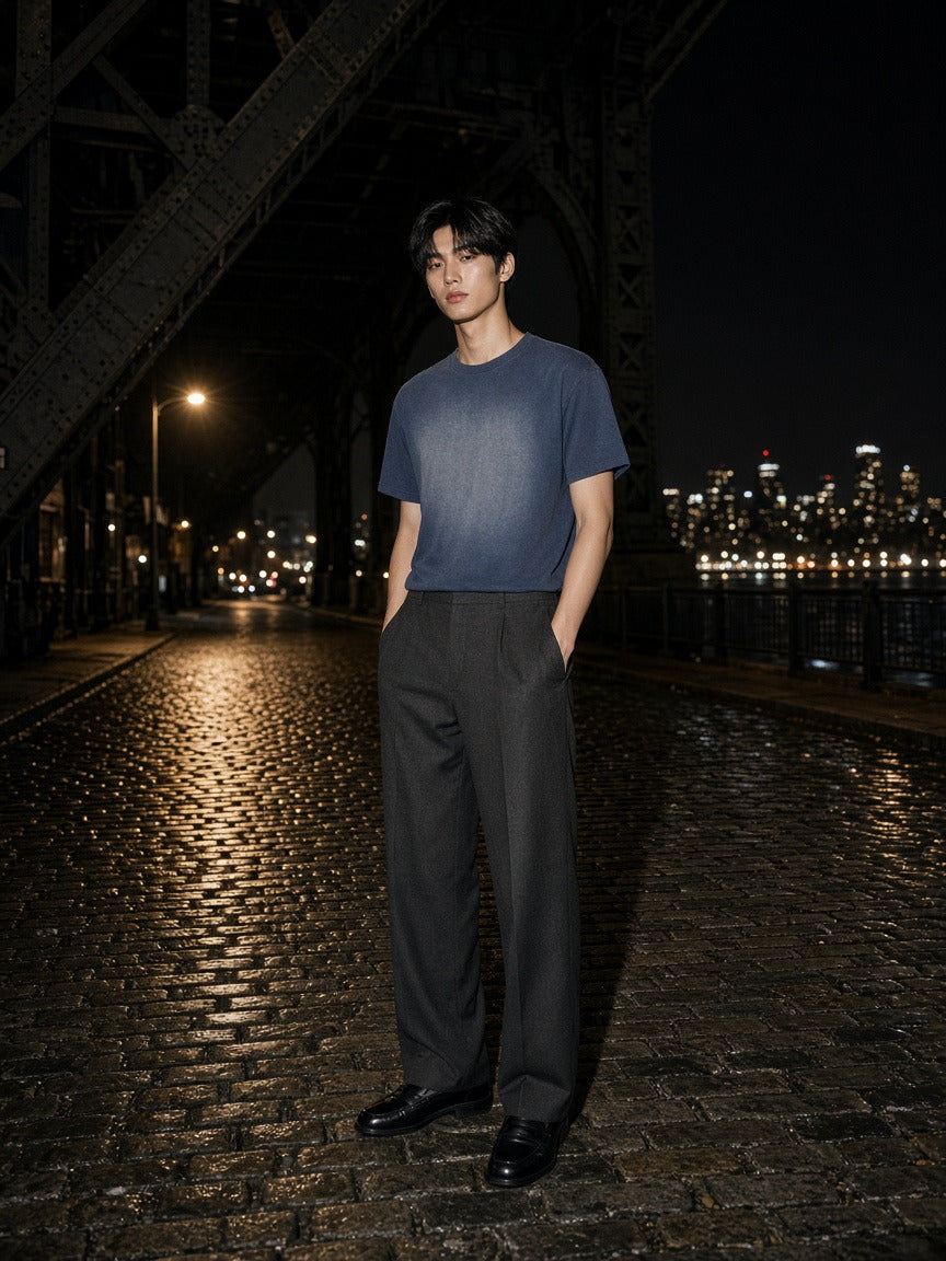 Model wearing the Vintage Wash Sunfade Boxy T-Shirt in Navy Blue, full-length model photo