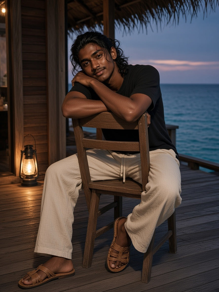 Man in the Vintage Wash Sunfade Boxy Waffle T-Shirt in Black seated on a backwards chair on an overwater villa deck at blue hour