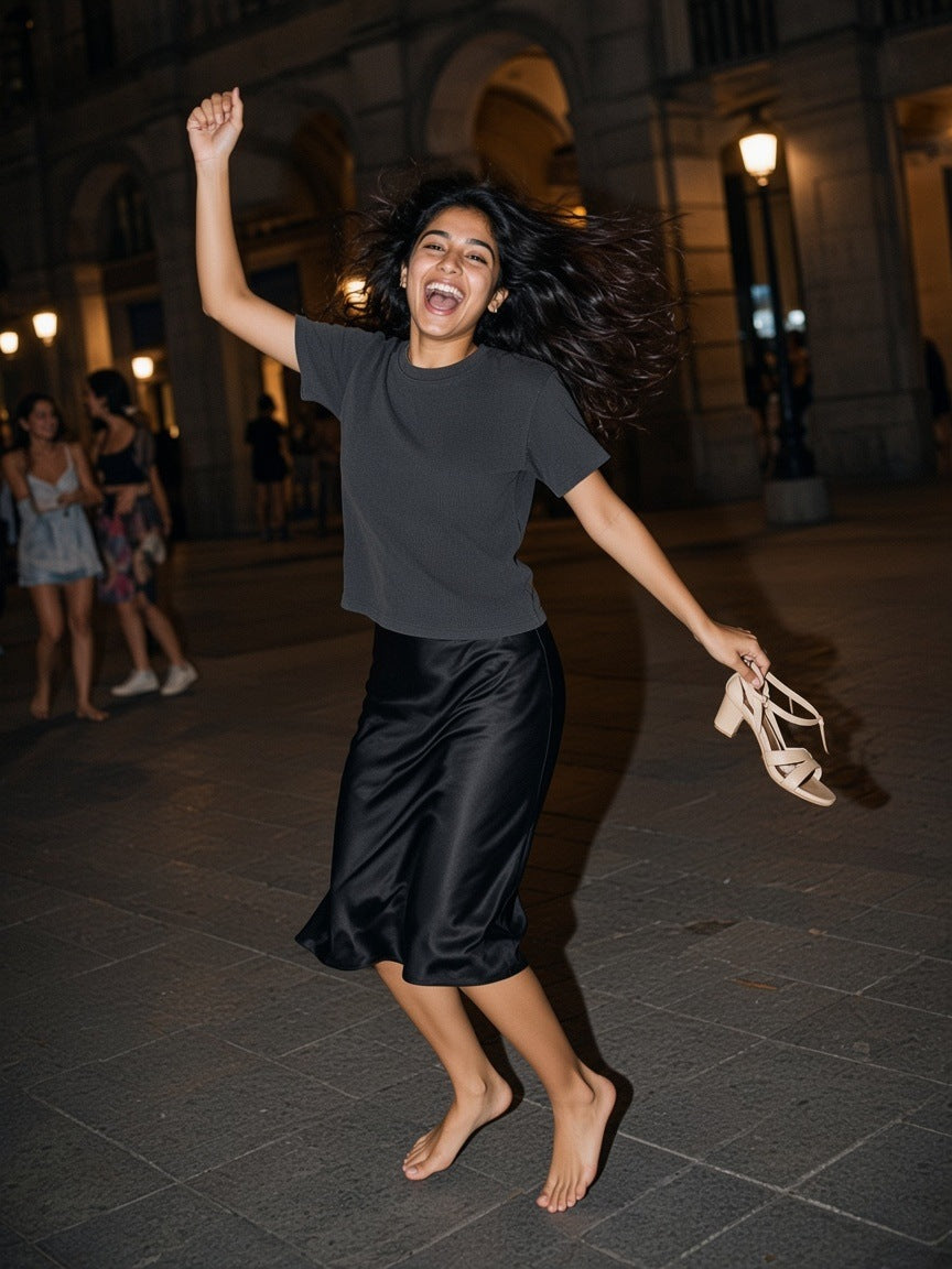 Woman in the Vintage Wash Sunfade Boxy Waffle T-Shirt in Dark Gray, dancing barefoot in a Madrid plaza at 1am