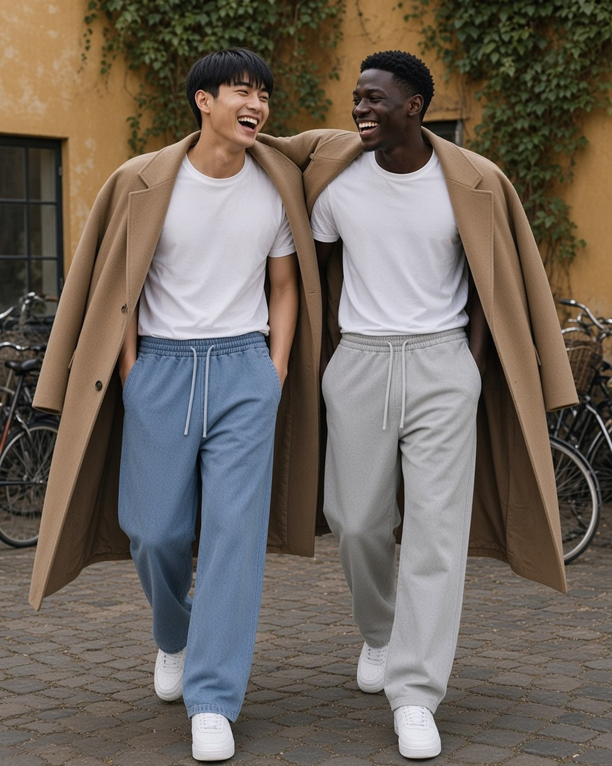 Two men in the Vintage Wash Sweatpants in Jeans Blue and Light Gray sharing one camel coat in a Copenhagen courtyard