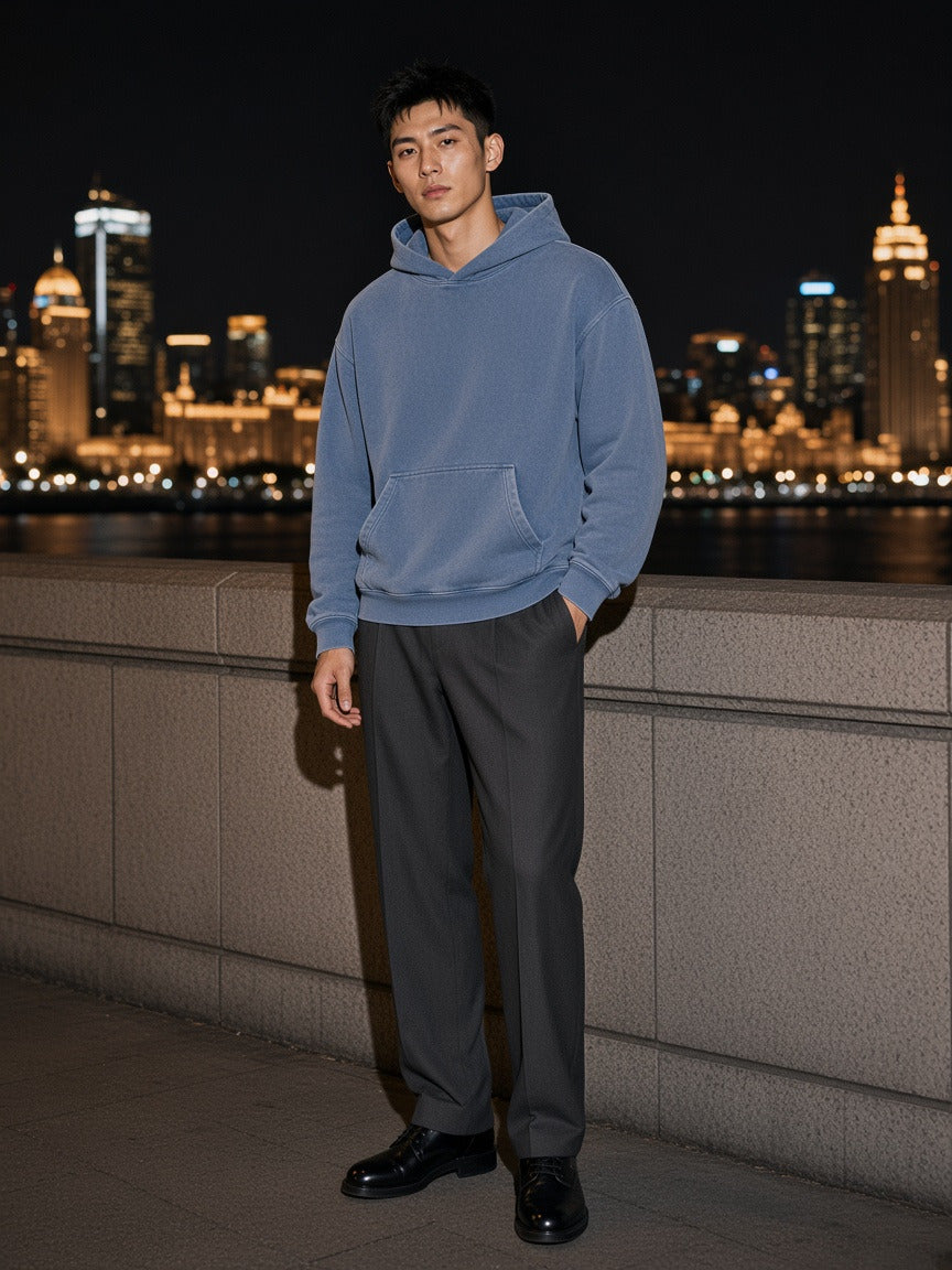Model wearing the Vintage Wash Waffle Boxy Hoodie in Jeans Blue, full-length model photo