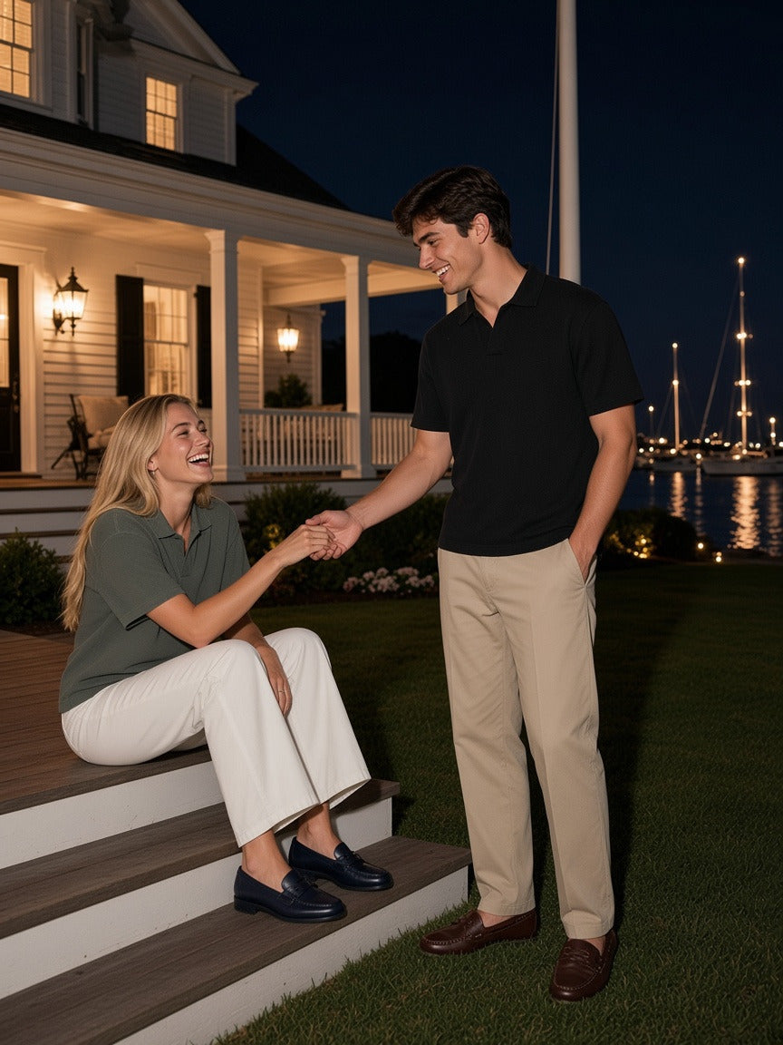 Two people wearing the Vintage Wash Waffle Boxy Polo Shirt in Gray Green and Black, full-length model photo