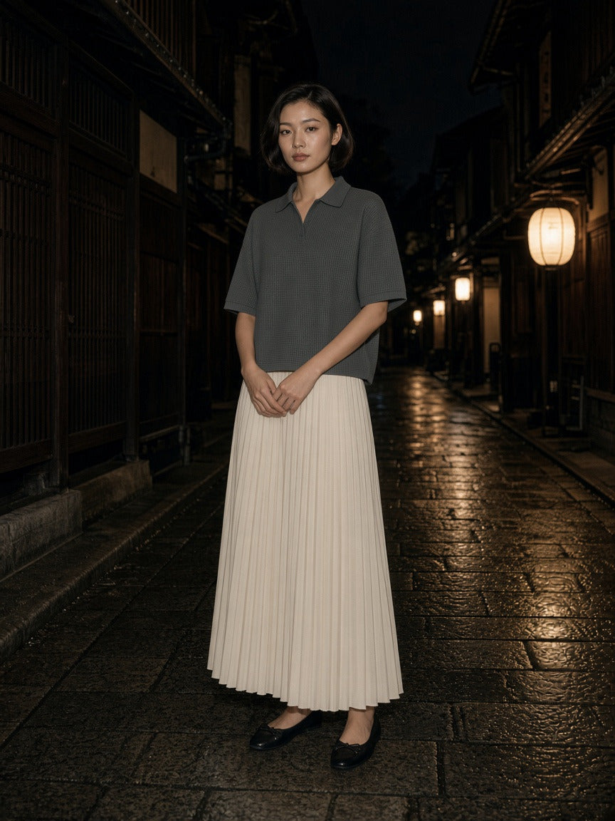 Model wearing the Vintage Wash Waffle Boxy Polo Shirt in Gray Green, full-length model photo